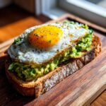 A delicious slice of avocado toast topped with mashed avocado and a perfectly fried egg sprinkled with seasoning.