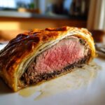 Close-up of a slice of beef wellington recipe showing medium-rare pink center and golden puff pastry.