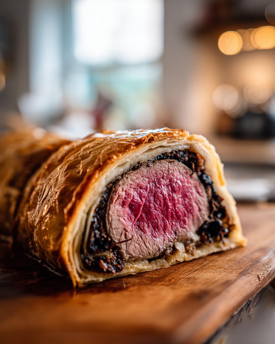 Close-up of a perfectly cooked beef wellington recipe slice showing medium-rare pink center and flaky pastry.