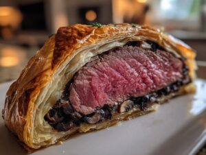 Close-up of a slice of beef wellington recipe showing medium-rare pink center and flaky pastry.