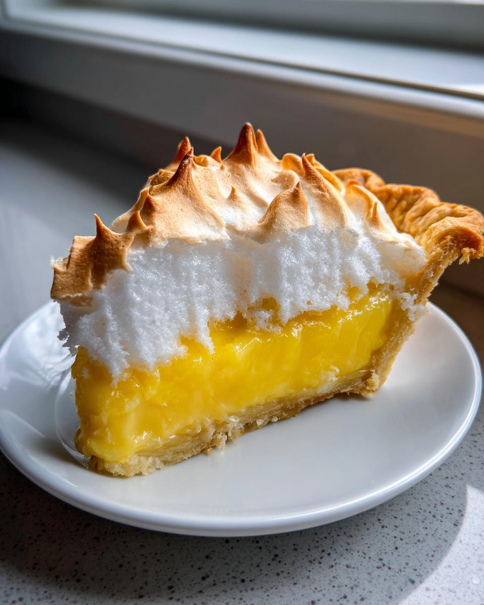 A tall slice of lemon meringue pie showing bright yellow filling, fluffy white meringue peaks, and a golden crust on a white plate.
