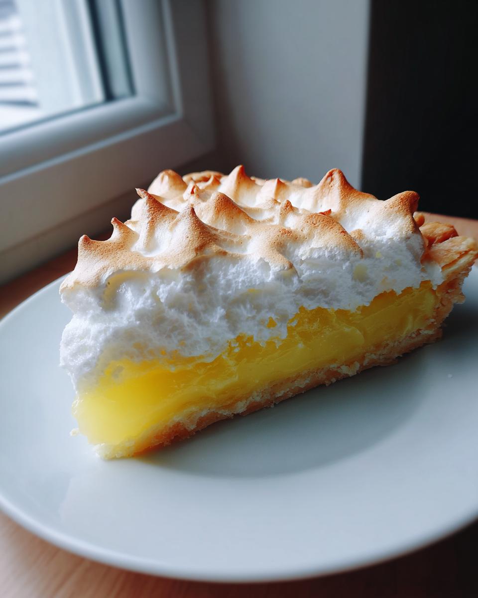 A perfect slice of lemon meringue pie showing bright yellow filling and tall, toasted meringue peaks.