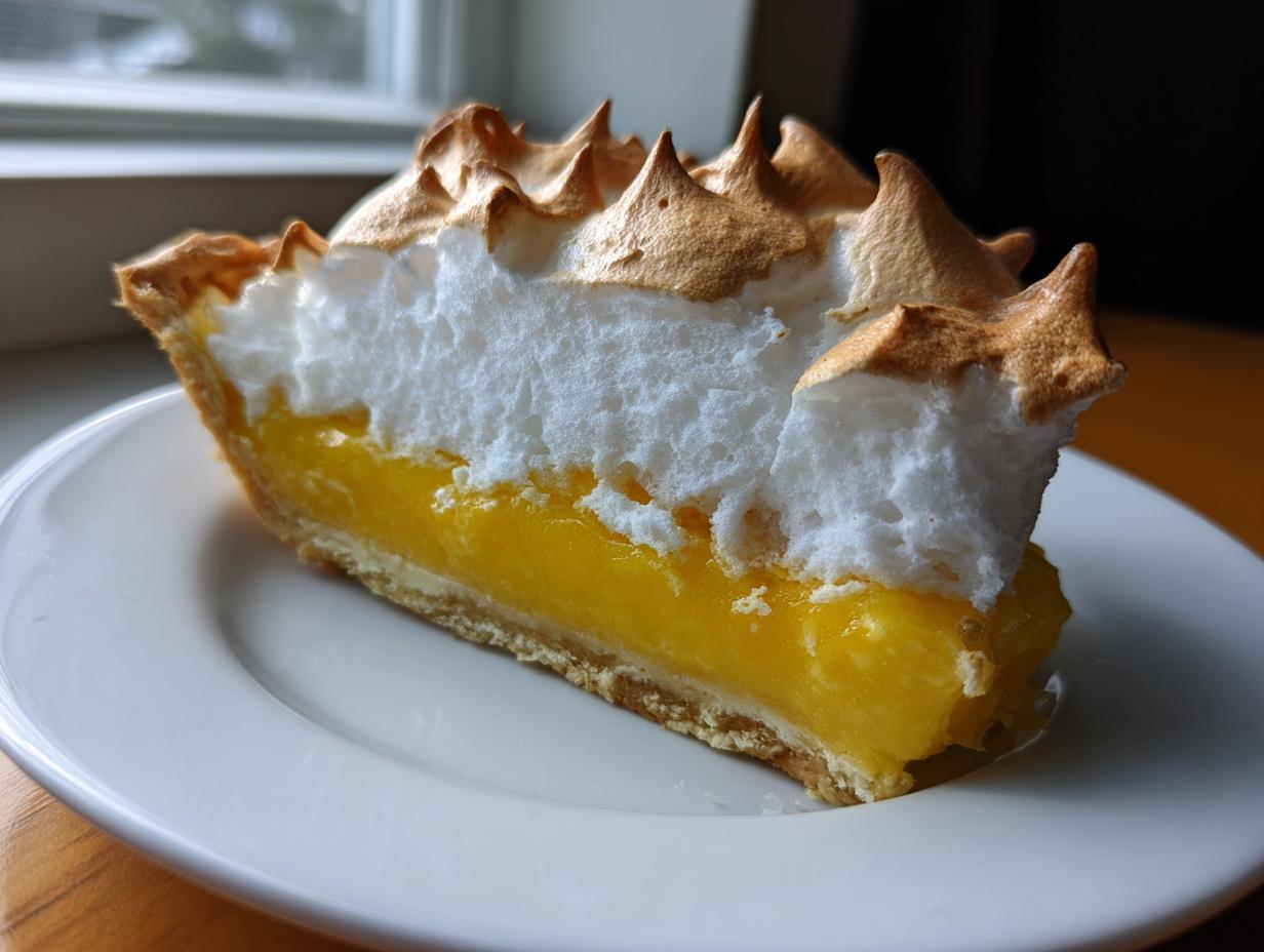 A thick, perfect slice of lemon meringue pie showing bright yellow curd and tall, toasted meringue peaks.