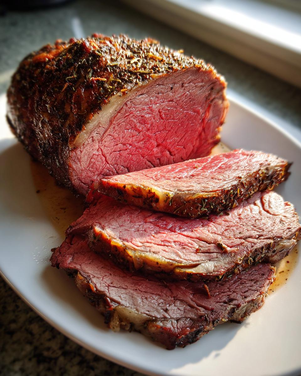 A beautifully roasted prime rib, sliced to reveal a perfect medium-rare center with a dark herb crust.