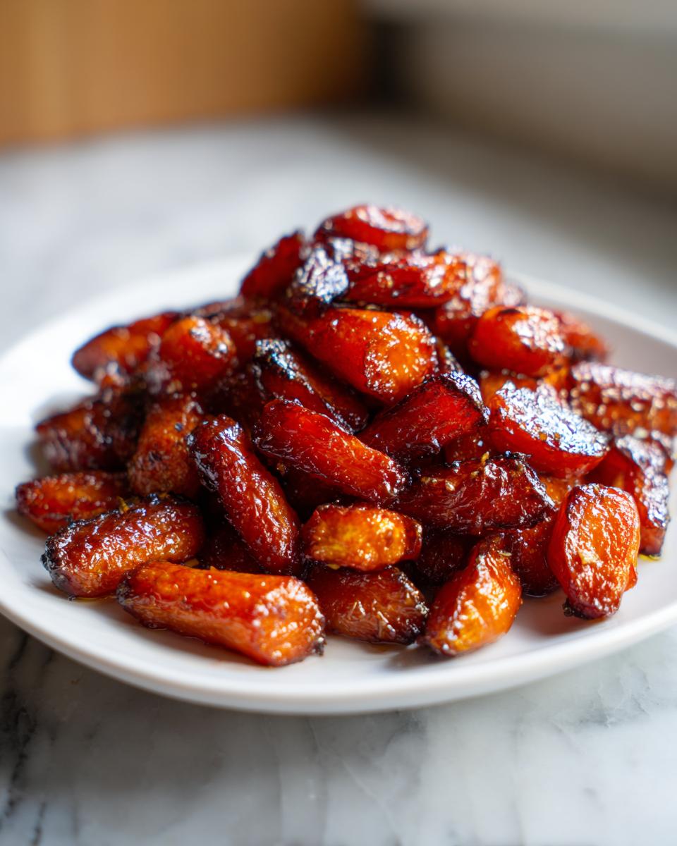 A mound of perfectly caramelized and glazed roasted carrots served on a white plate.