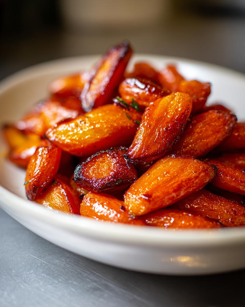 Close-up of beautifully glazed and caramelized roasted carrots piled high in a white serving bowl.