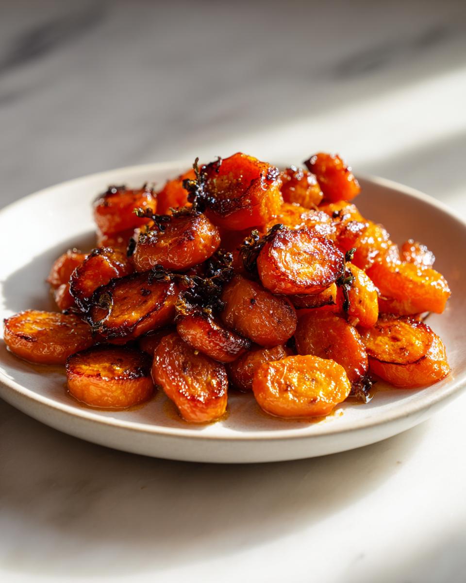 A close-up of perfectly caramelized and glazed roasted carrots piled high on a light-colored plate.
