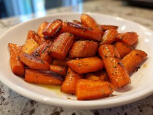 Close-up of perfectly roasted carrots, glazed and seasoned with herbs, served in a white bowl.