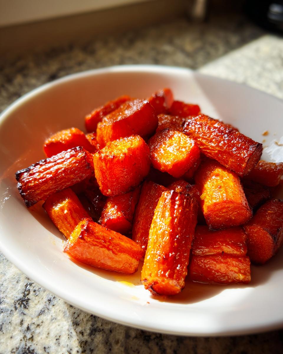 A white bowl filled with glistening, caramelized roasted carrots, perfectly cooked and slightly charred.