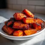 A pile of perfectly roasted carrots, caramelized and glossy, served on a white dish.