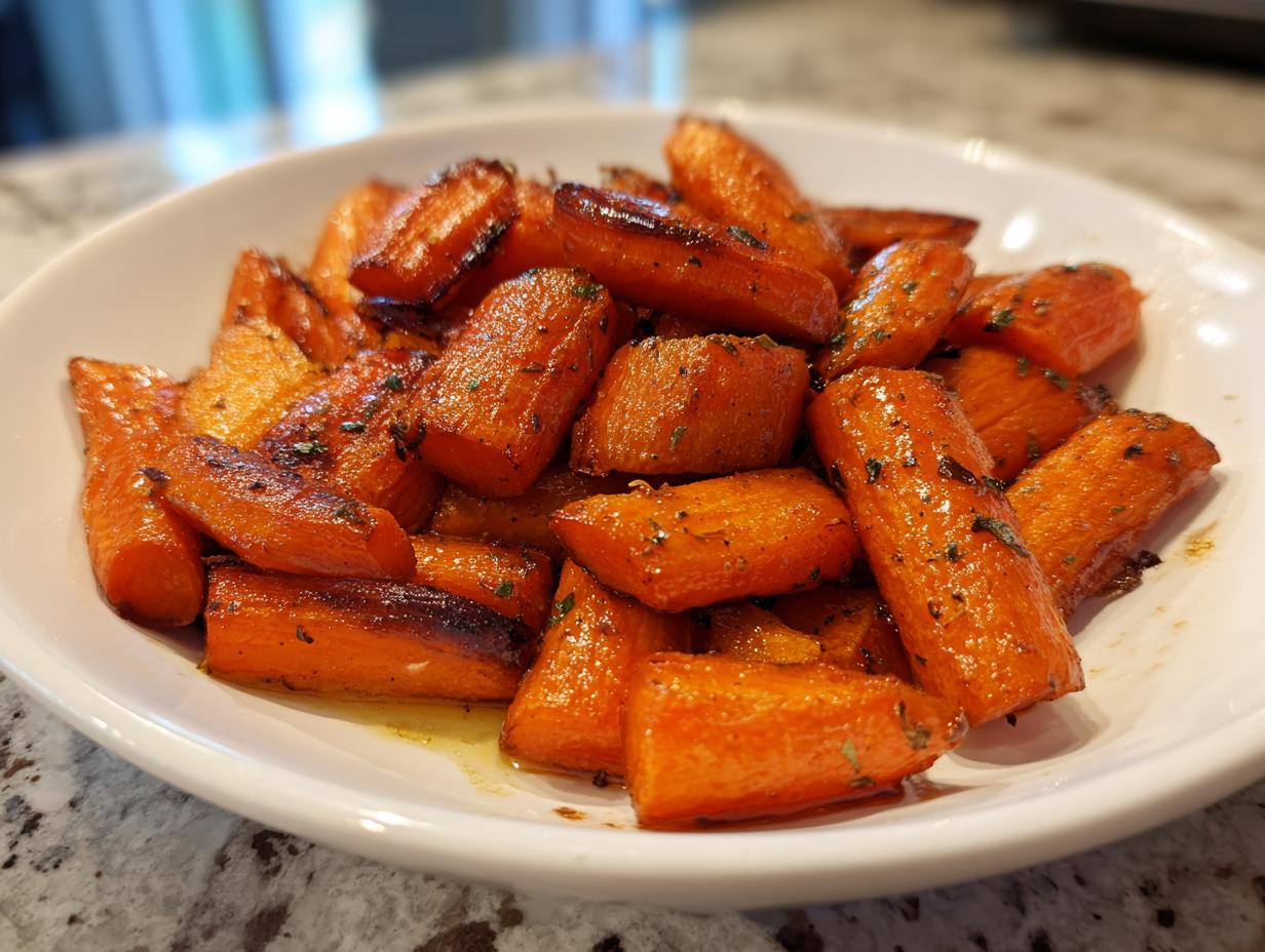 Close-up of perfectly roasted carrots, glazed and seasoned with herbs, served in a white bowl.