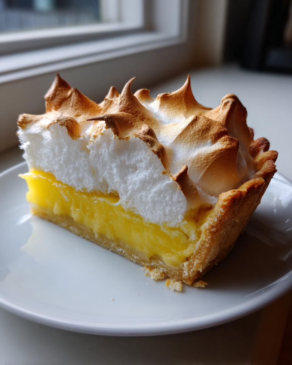 A perfect slice of lemon meringue pie showing bright yellow filling, toasted meringue peaks, and a flaky crust.