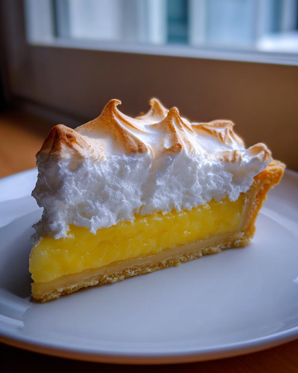 A perfect slice of lemon meringue pie showing a thick layer of bright yellow filling and toasted meringue peaks.