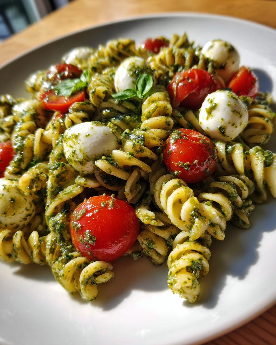 A close-up of vibrant pesto pasta salad featuring fusilli, cherry tomatoes, and small mozzarella balls.