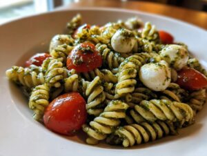 A close-up of a bowl of pesto pasta salad featuring fusilli pasta, cherry tomatoes, and small mozzarella balls.