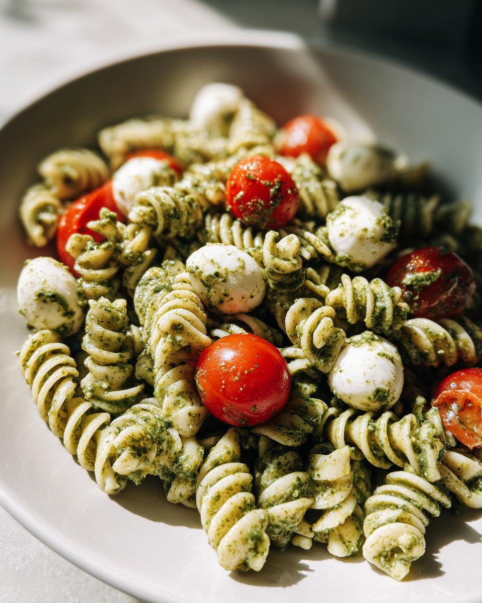 A close-up view of a bowl of pesto pasta salad featuring fusilli pasta, cherry tomatoes, and small mozzarella balls.