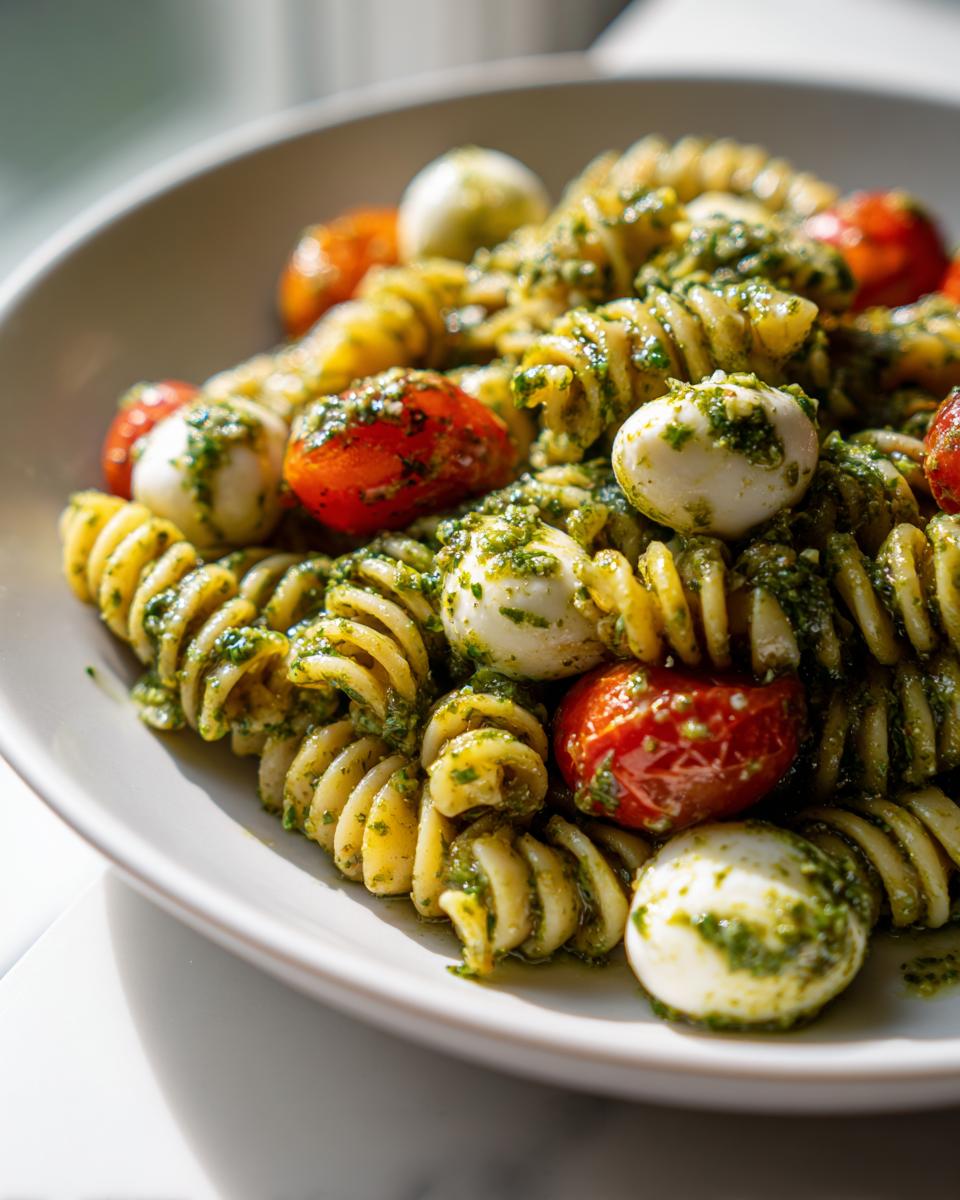 A close-up view of a bowl filled with vibrant pesto pasta salad featuring fusilli, cherry tomatoes, and small mozzarella balls.