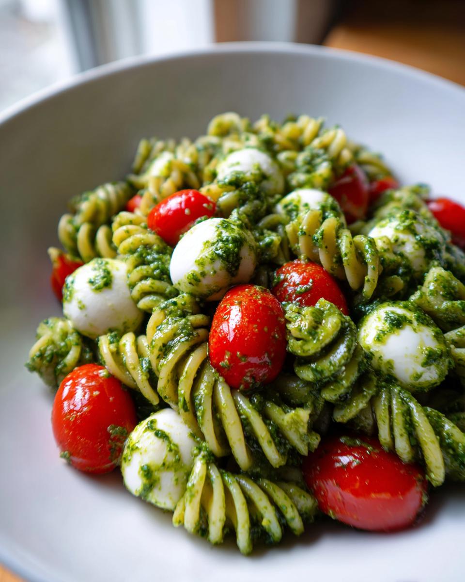 Close-up of vibrant pesto pasta salad featuring fusilli pasta, bright red cherry tomatoes, and small mozzarella balls.