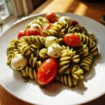 A serving of vibrant pesto pasta salad featuring fusilli pasta, cherry tomatoes, and small mozzarella balls on a white plate.