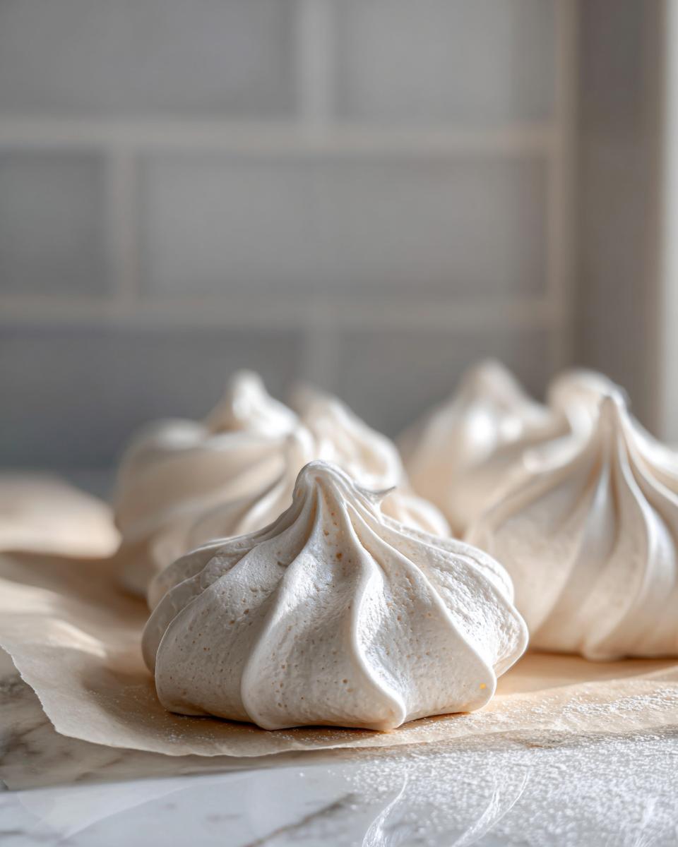 Close-up of freshly piped, light-colored meringue cookies resting on parchment paper.