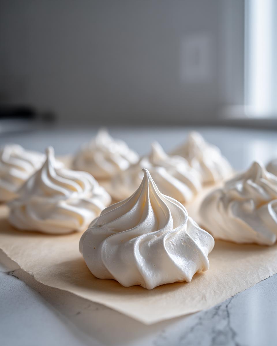Close-up of freshly piped, white meringue cookies sitting on parchment paper, ready to bake.