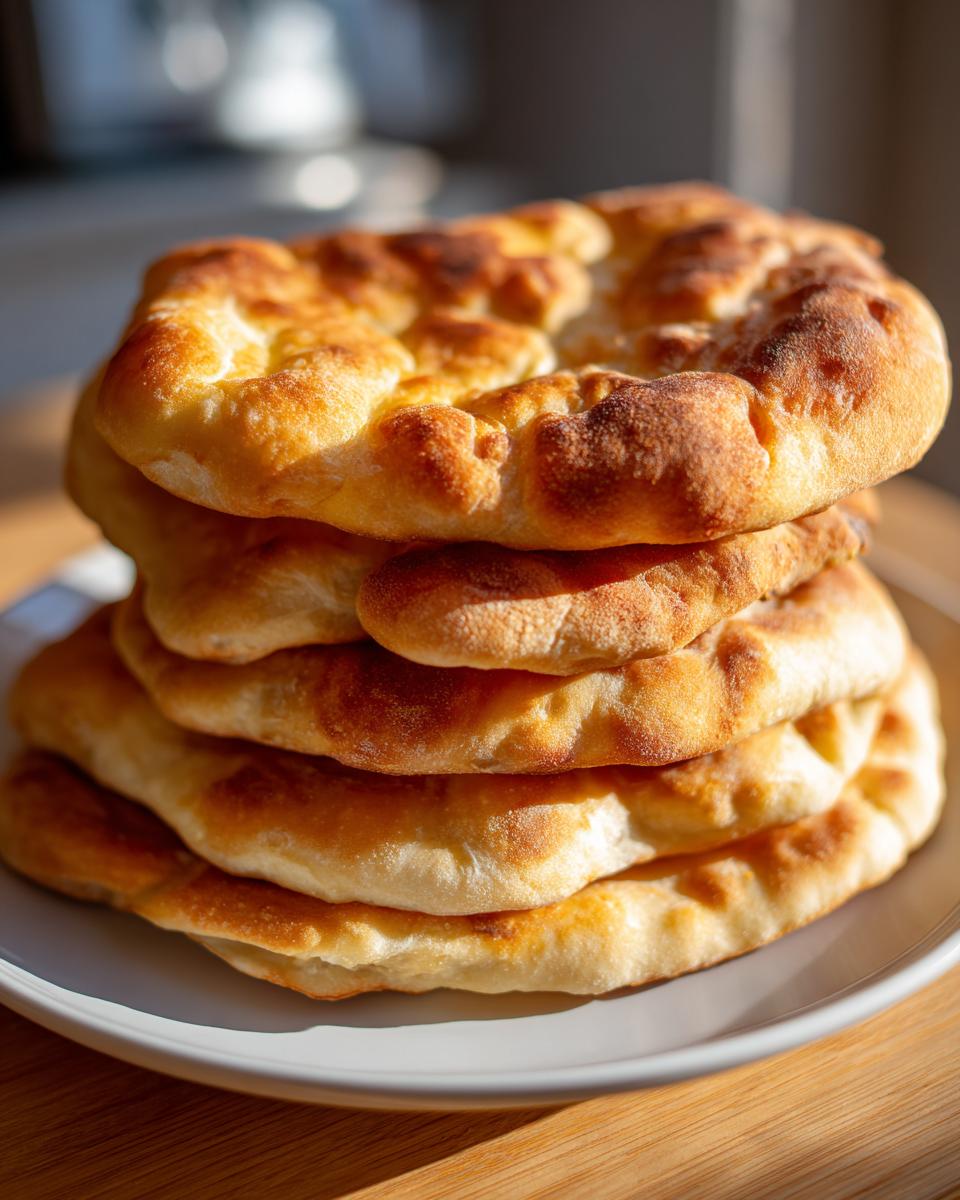 A stack of five freshly cooked, golden brown pita bread rounds sitting on a white plate.