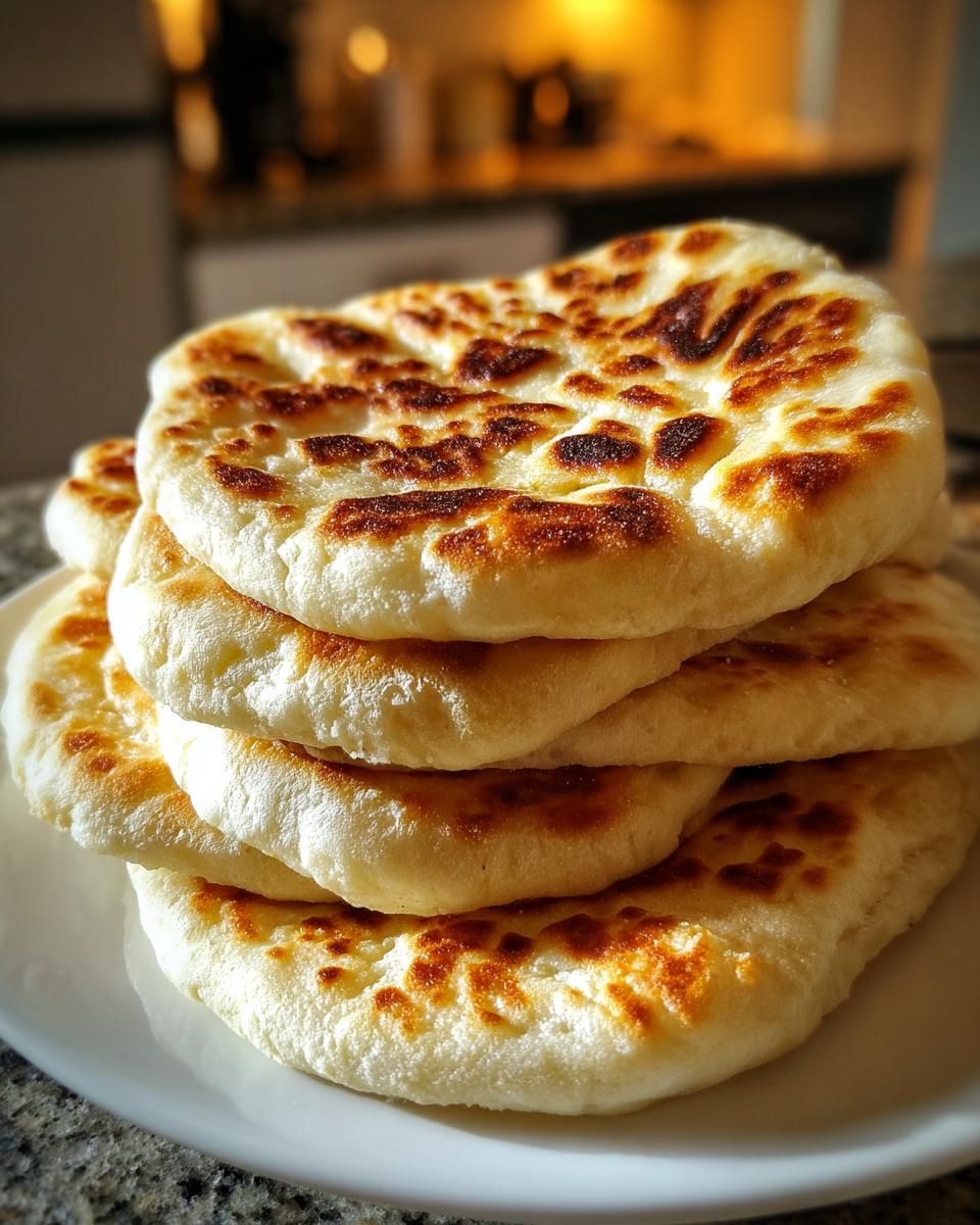 A stack of four freshly cooked, puffy pita bread rounds with golden-brown charred spots resting on a white plate.