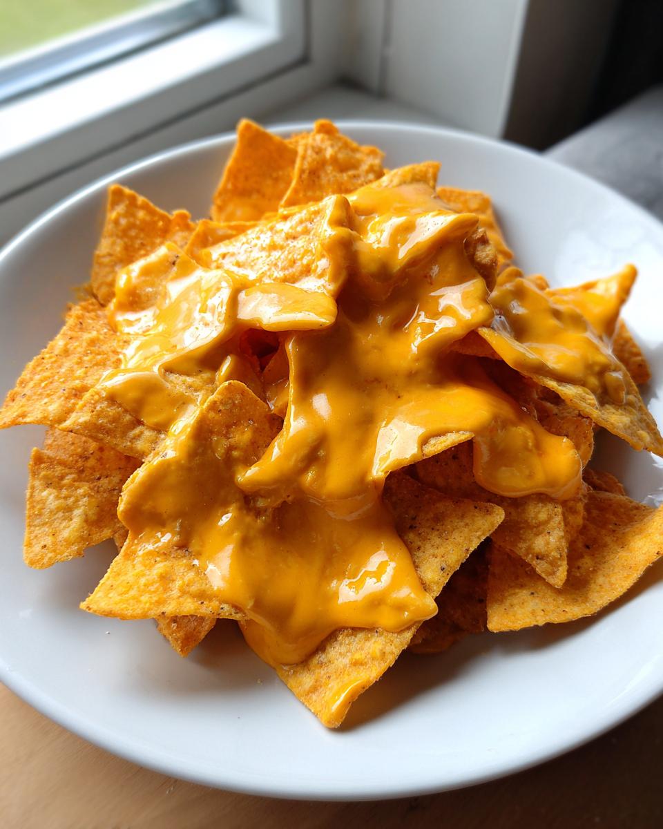 A white bowl filled with tortilla chips generously covered in bright orange nacho cheese sauce.