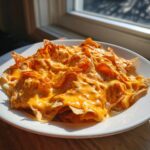 A plate piled high with tortilla chips smothered in bright orange nacho cheese sauce.