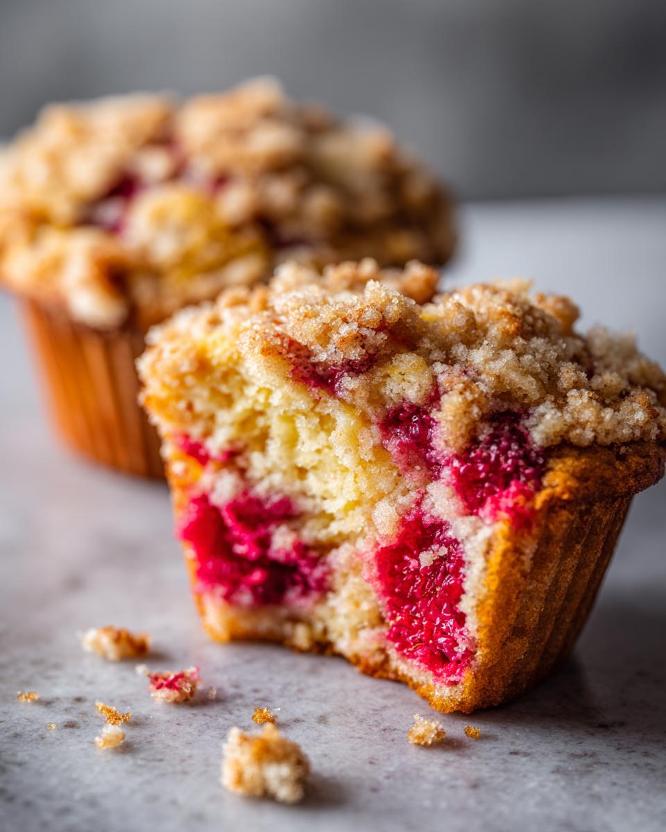 A halved raspberry muffin showing moist interior filled with bright red raspberries and topped with a sugary crumb topping.