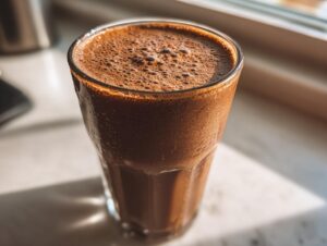 A close-up of a chilled, frothy Coffee Smoothie in a clear glass, catching the sunlight.
