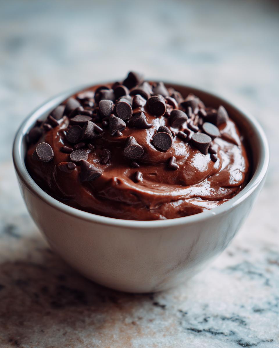 A close-up of rich, creamy brownie batter dip topped generously with chocolate chips in a small white bowl.