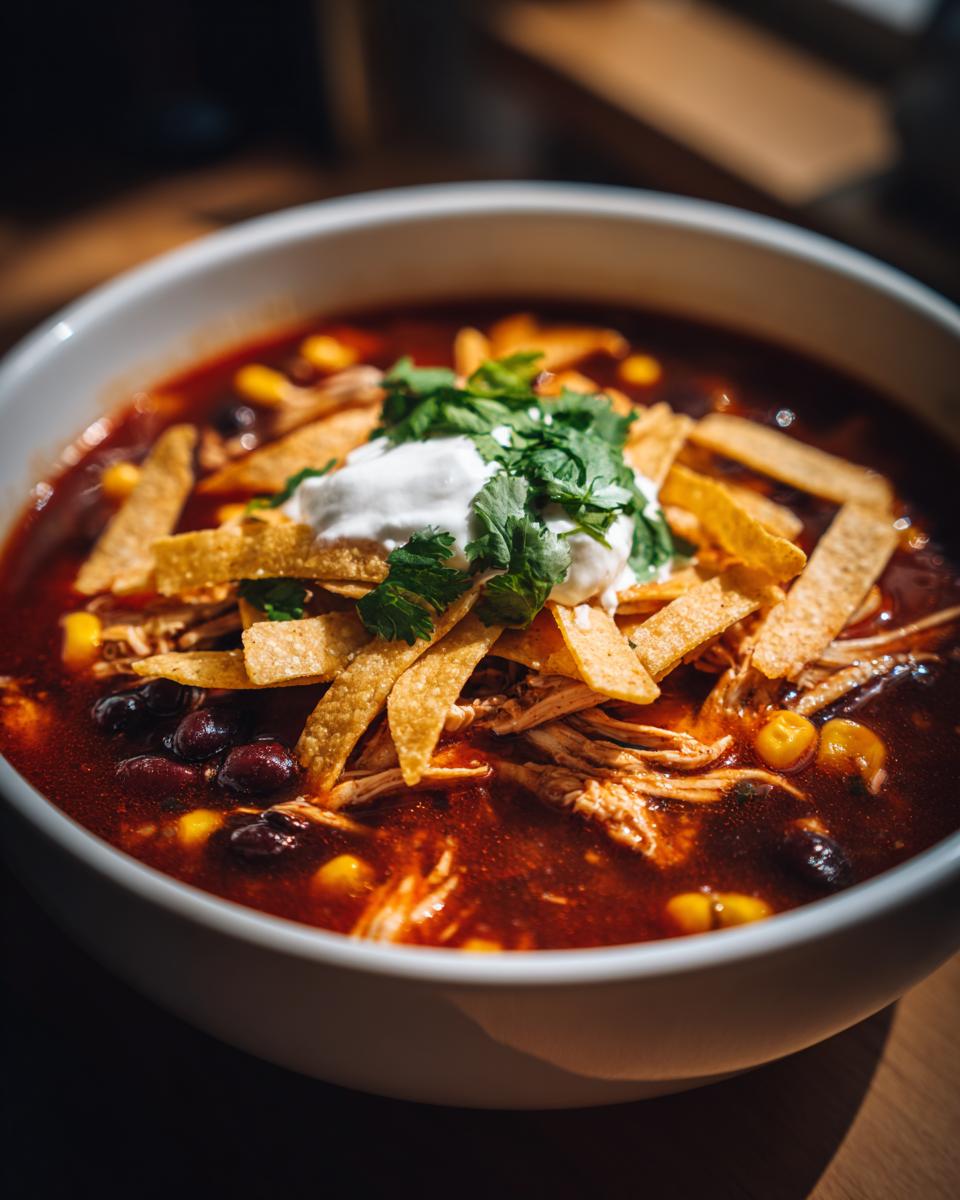 Close-up of a rich, dark red bowl of chicken tortilla soup topped with shredded chicken, beans, corn, tortilla strips, sour cream, and cilantro.