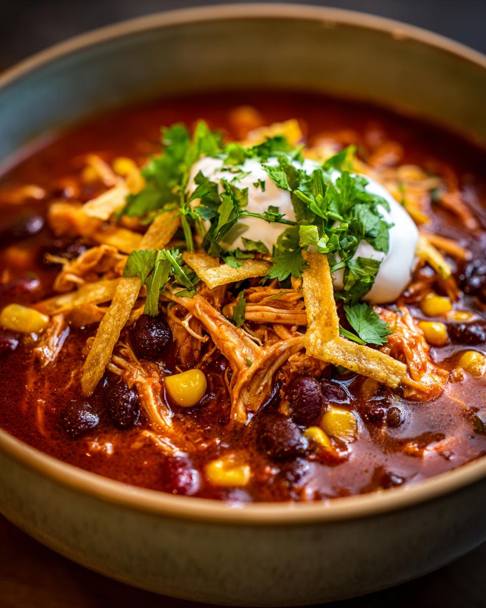 A close-up of a hearty bowl of chicken tortilla soup, topped with sour cream, cilantro, and crispy tortilla strips.