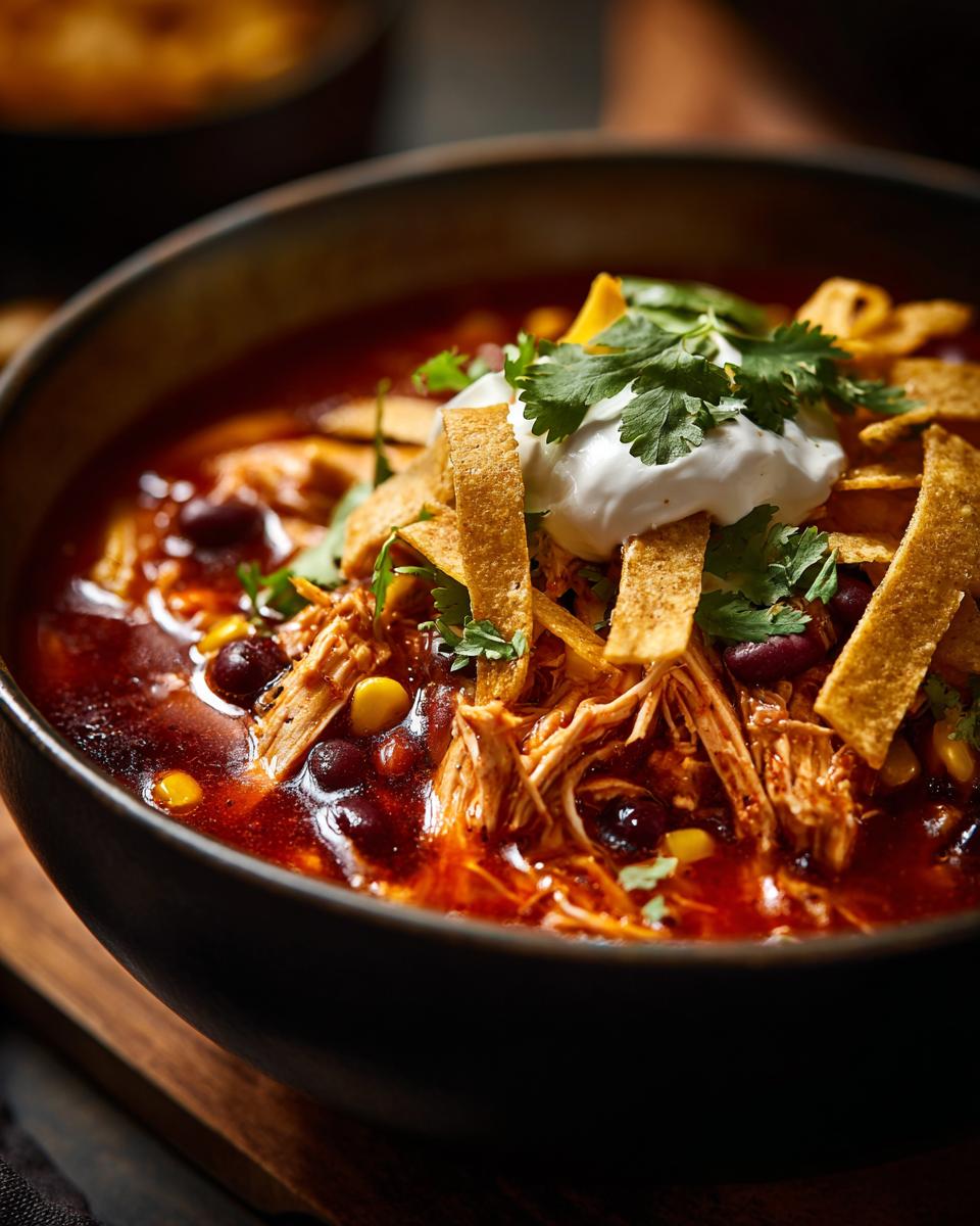 Close-up of a rich, dark bowl filled with shredded chicken tortilla soup, topped with sour cream, cilantro, and crispy tortilla strips.