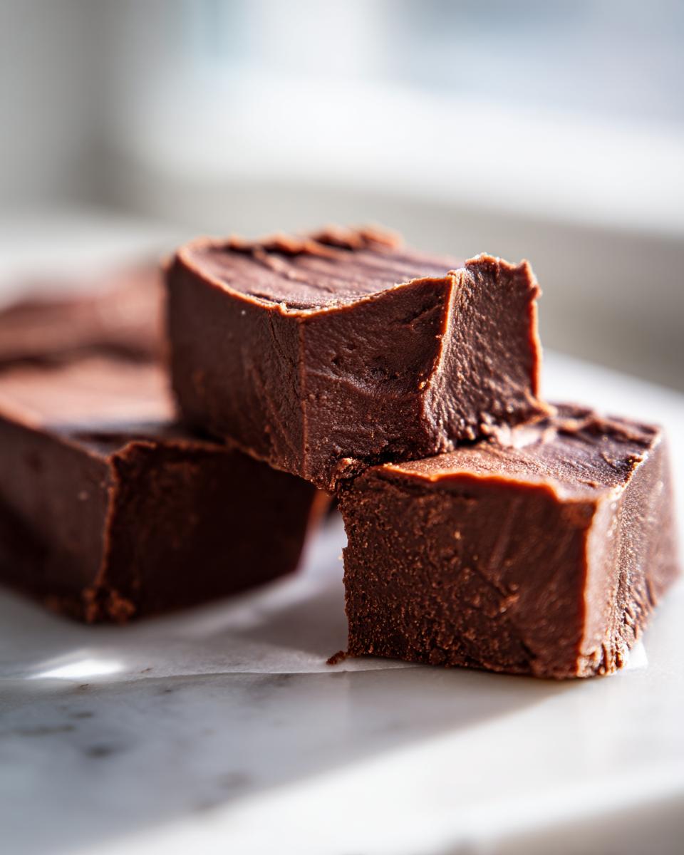 Three rich, dark chocolate squares of homemade fudge stacked on a white surface, highlighting the creamy texture of the fudge.