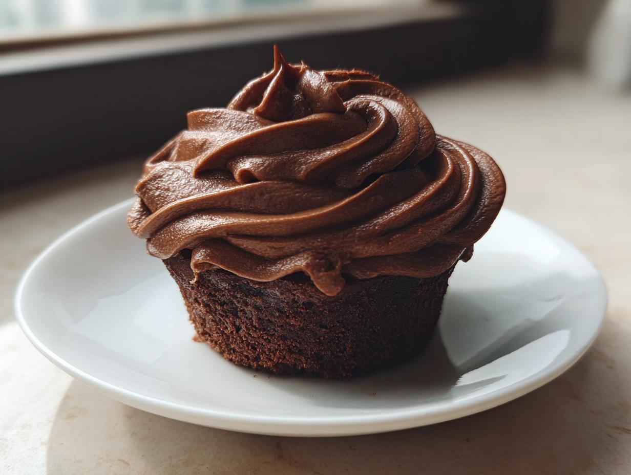 A perfectly piped swirl of rich chocolate frosting topping a dark chocolate cupcake on a white saucer.