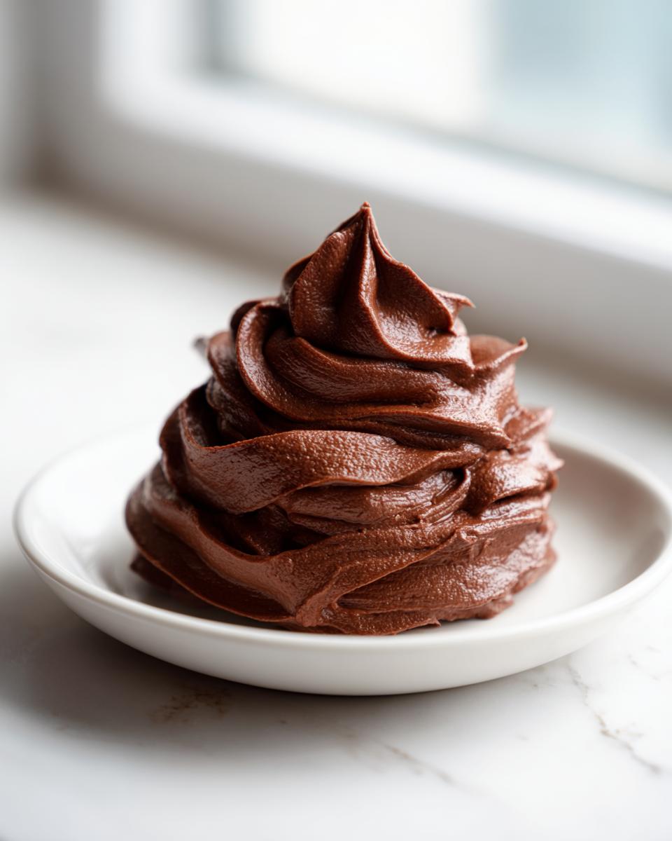 A perfect swirl of rich, dark chocolate frosting piped onto a small white dish.
