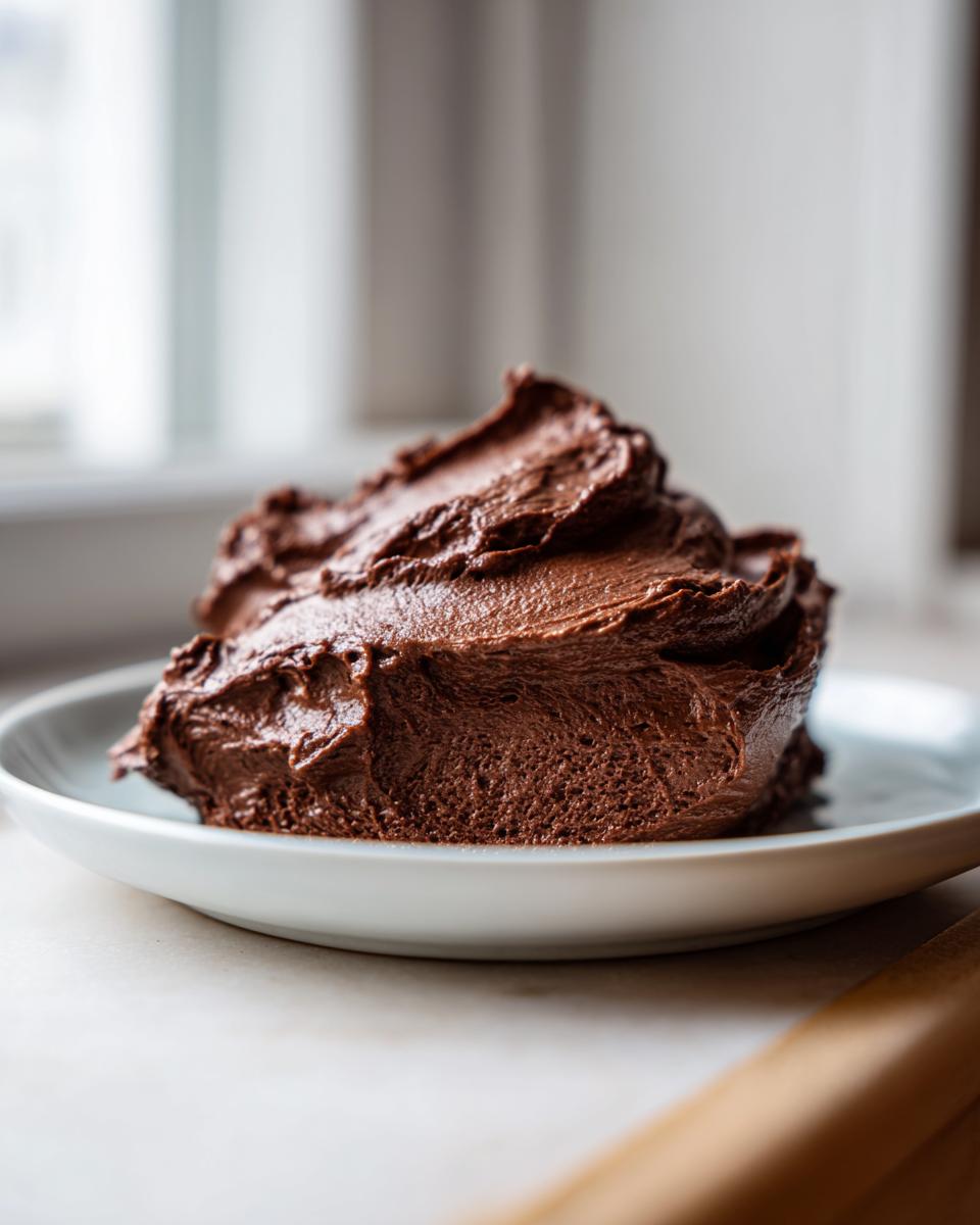A generous swirl of rich, dark chocolate frosting piled high on a small white plate.