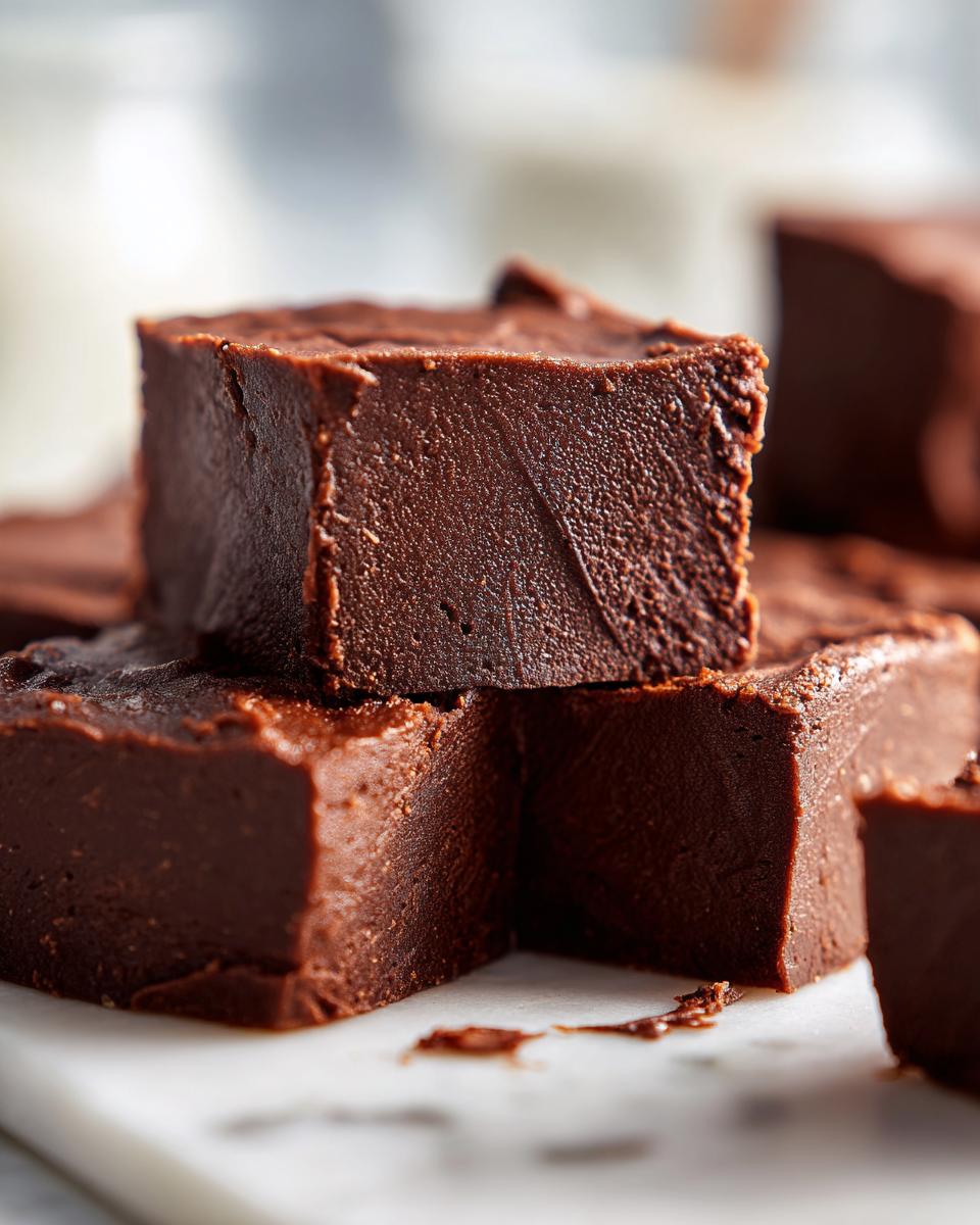 Close-up of thick, dark chocolate squares of homemade fudge stacked on a white marble surface.
