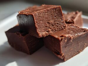 Close-up of rich, dark chocolate fudge squares stacked on a white plate, showcasing the creamy texture of the fudge.