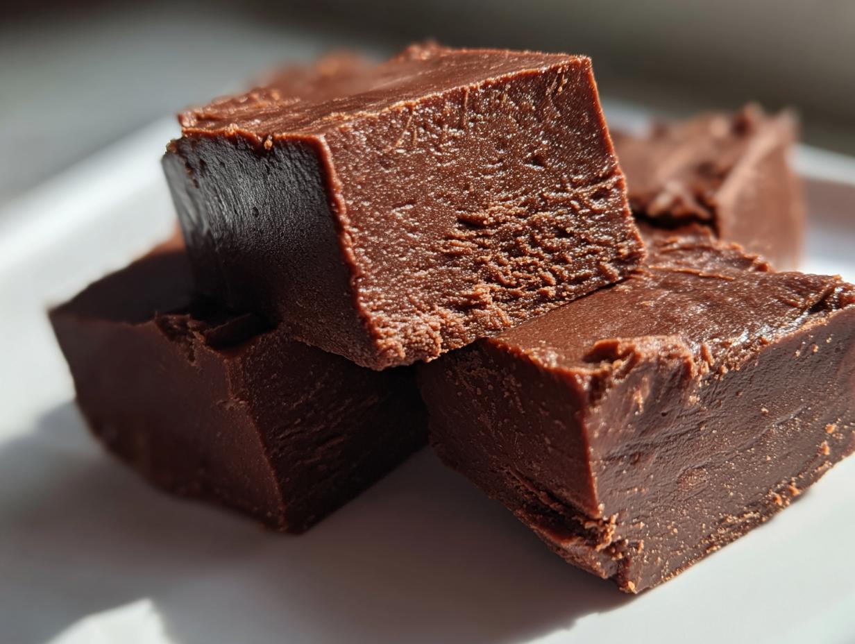 Close-up of rich, dark chocolate fudge squares stacked on a white plate, showcasing the creamy texture of the fudge.