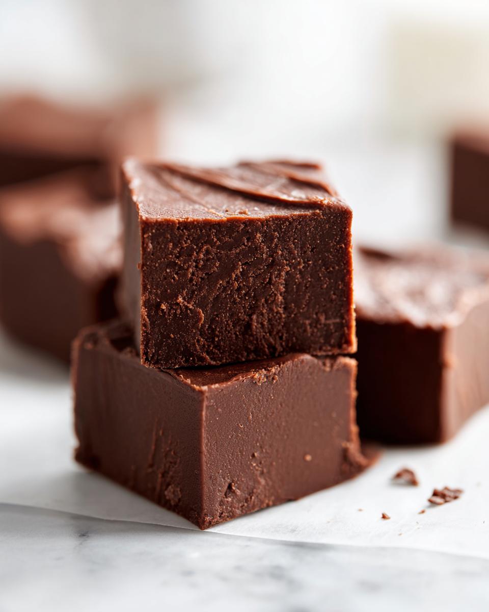 Two squares of rich, dark chocolate fudge stacked on top of each other, showcasing the smooth texture of the fudge.