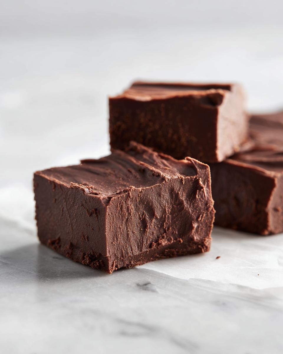 Close-up of thick, dark chocolate squares of homemade fudge resting on parchment paper.