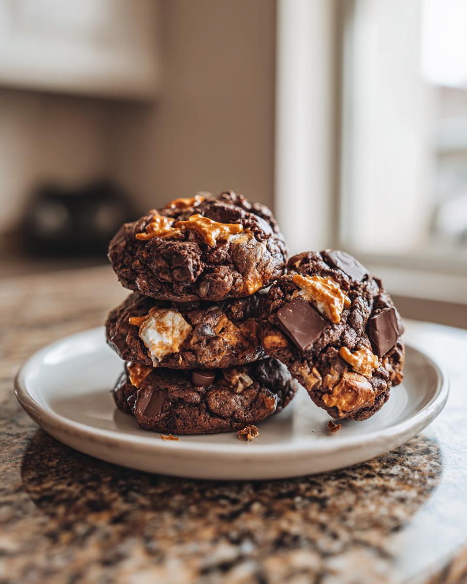 A stack of three rich, dark chocolate kitchen sink cookies loaded with chunks of chocolate, marshmallows, and peanut butter swirls.