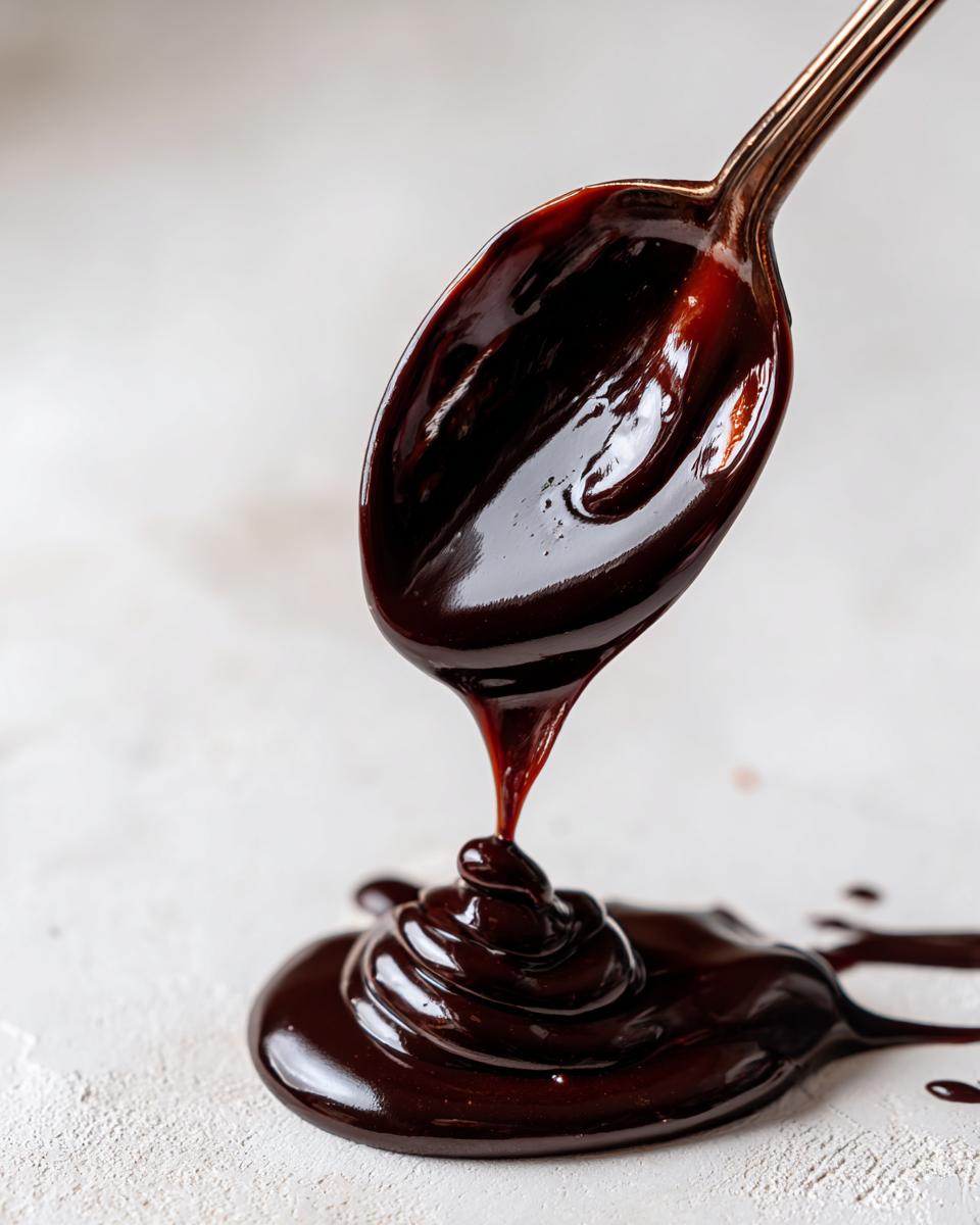 A spoonful of thick, glossy chocolate sauce recipe dripping onto a pile on a light surface.