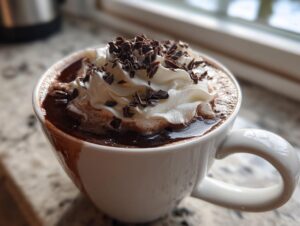 A close-up of a white mug filled with rich crockpot hot chocolate, topped with whipped cream and chocolate shavings.