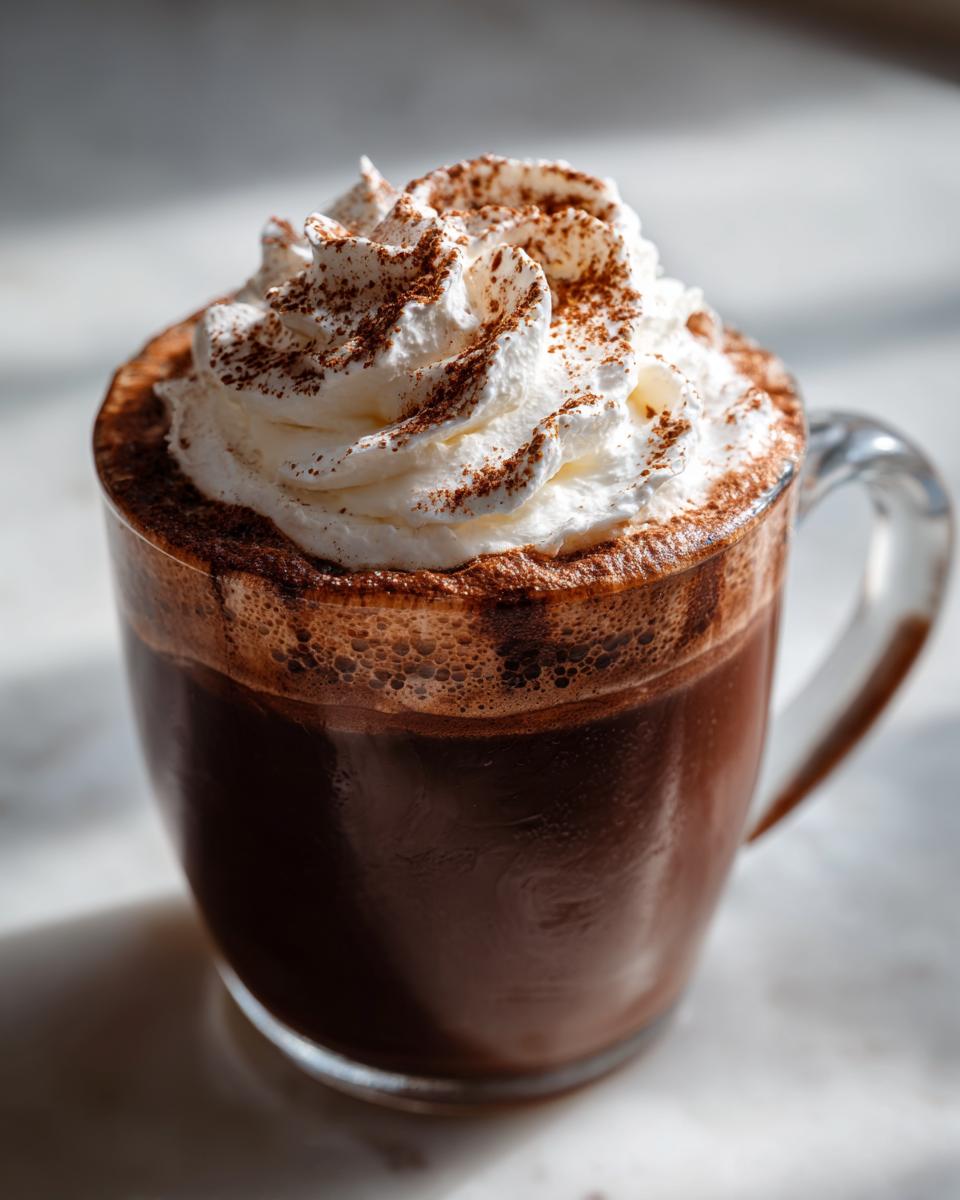 Close-up of a rich, dark french hot chocolate topped with a swirl of whipped cream and cocoa powder.