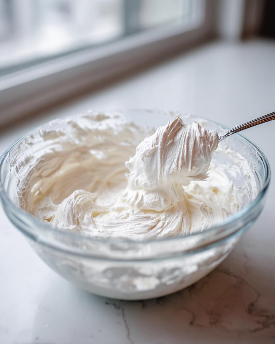 A spoonful of thick, bright white royal icing recipe mixture being lifted from a glass bowl.