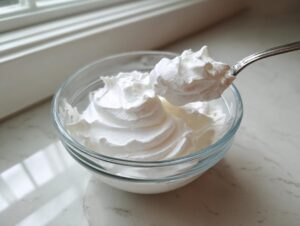 A spoonful of stiff, bright white royal icing recipe mixture being lifted from a clear glass bowl.